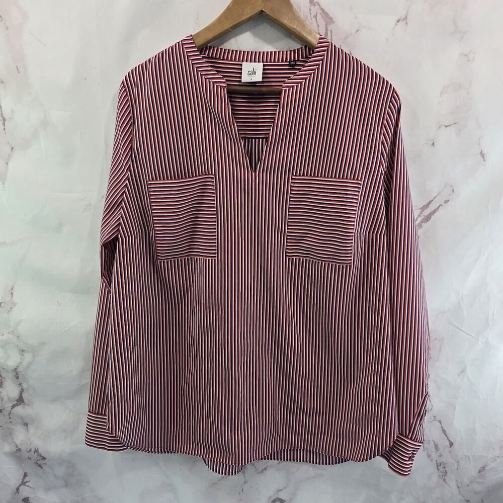 CAbi Shirt Womens Large Blouse Red Orange Blue Striped Button Up 5335 Franklin